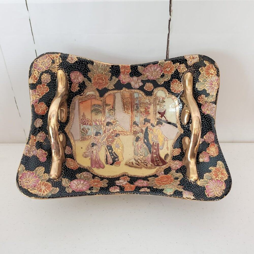 Satsuma Geisha Floral Gilded Moriage Serving Bowl Earthenware Pottery